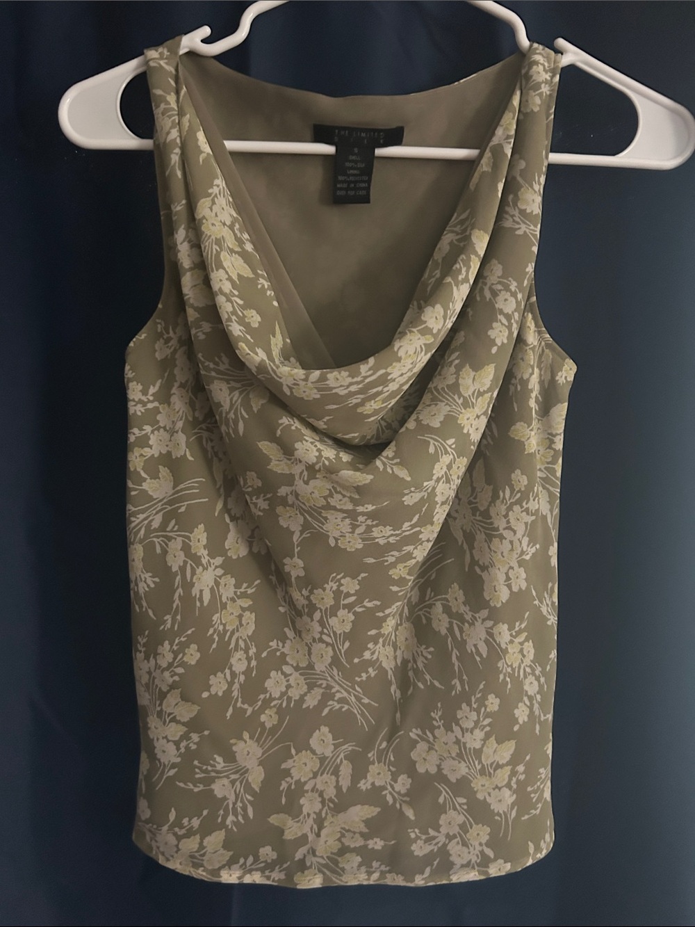 Floral Cowl Neck Sleeveless Top - Olive Green 100 percent silk